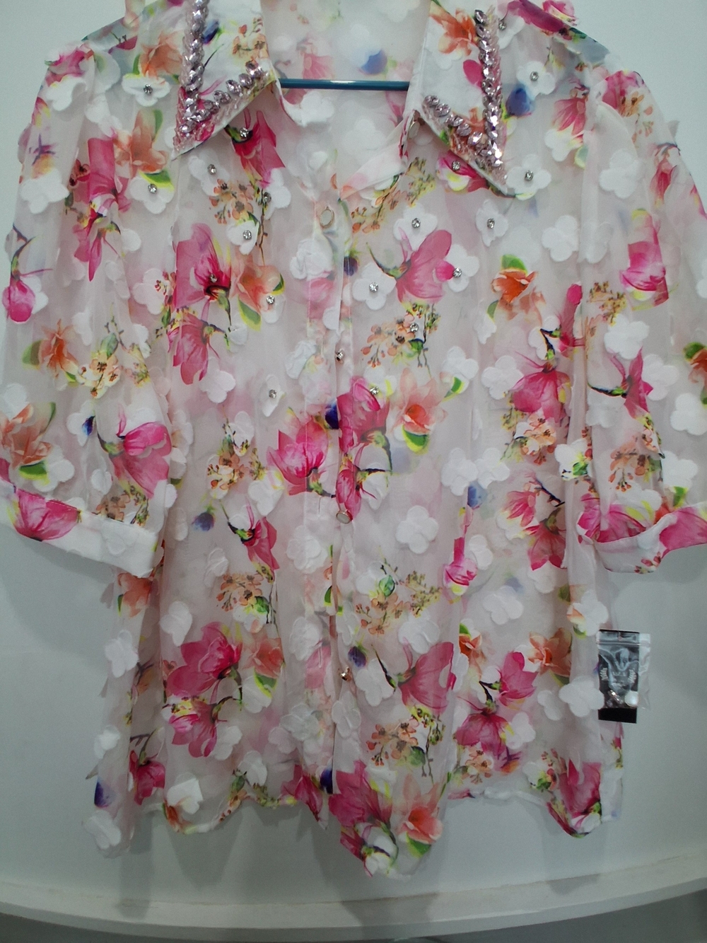 Sheer Floral Button-Up Blouse in Pink